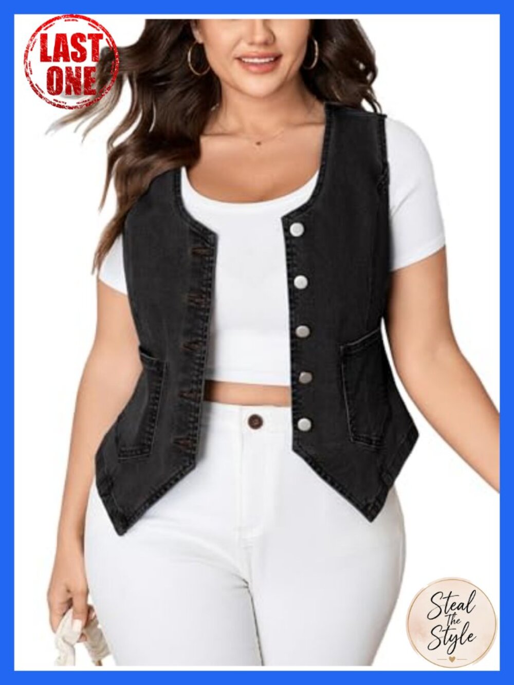 Cropped Sleeveless Denim Vest Plus Size Button Down Waistcoat with Pockets